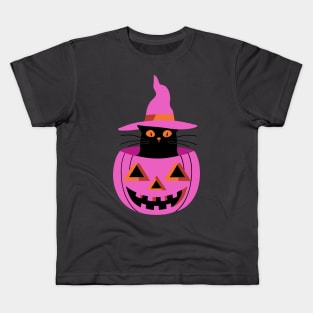 Witchy cat and pumpkin - pink Kids T-Shirt